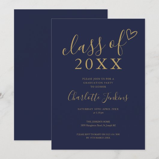 Marineblauwe gouden eindexamenfeest met script kaart (Voorkant / Achterkant)