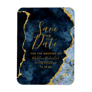 Marineblauwe Gouden Folie Agate Save the Date Trou Magneet