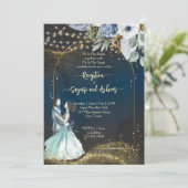 Marineblauwe gouden glinsterende huwelijksreceptie kaart (Staand voorkant)