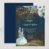 Marineblauwe gouden glinsterende huwelijksreceptie kaart (Voorkant / Achterkant)