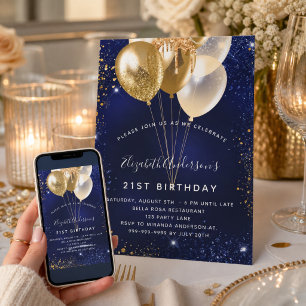 Marineblauwe gouden glitter glans ballonnen verjaa kaart