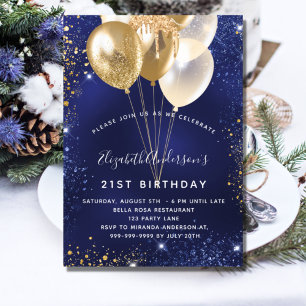 Marineblauwe gouden glitter glans ballonnen verjaa kaart