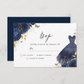 Marineblauwe & Gouden Jurk Roze Verjaardag Bruidsf RSVP Kaartje (Voorkant / Achterkant)