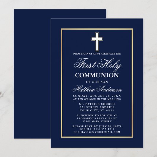Marineblauwe gouden lijst Eerste Heilige Communie Kaart (Voorkant / Achterkant)