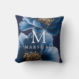 Marineblauwe Gouden Moderne Bloemige Monogram Fami Kussen