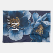 Marineblauwe Gouden Moderne Bloemige Monogram Fami Theedoek (Horizontaal)