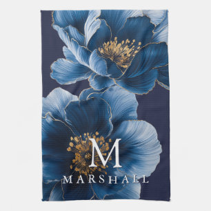 Marineblauwe Gouden Moderne Bloemige Monogram Fami Theedoek