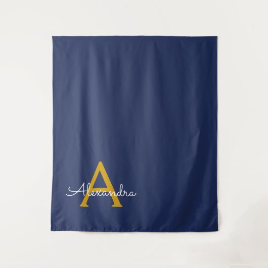 Marineblauwe Gouden Moderne Script Meisjesnaam Mon Wandkleed (Voorkant)