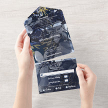 Marineblauwe Gouden Waterverf Bloemige Huwelijksfo