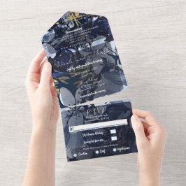 Marineblauwe Gouden Waterverf Bloemige Huwelijksfo All In One Uitnodiging