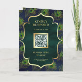Marineblauwe Groene Pauwveren QR Code Bruiloft (Achterkant)