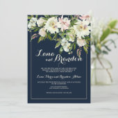 Marineblauwe groene roze witte florale bruiloft kaart (Staand voorkant)
