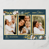 Marineblauwe groene vintage vijf foto-collage folie feestdagenkaart (Voorkant)