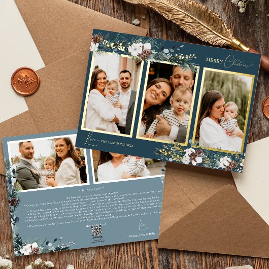 Marineblauwe groene vintage vijf foto-collage folie feestdagenkaart