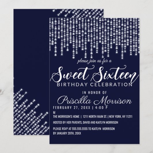 Marineblauwe hangende diamantlichten Sweet 16 Kaart (Voorkant / Achterkant)