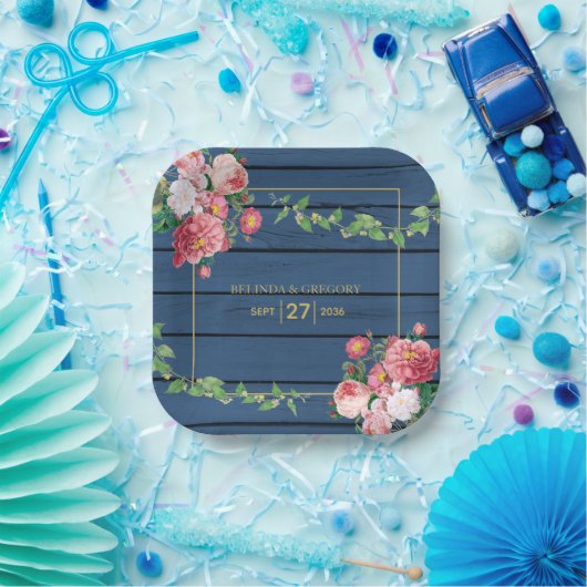 Marineblauwe Houten Roze Rozen & Gouden Huwelijk Papieren Bordje (Feest)