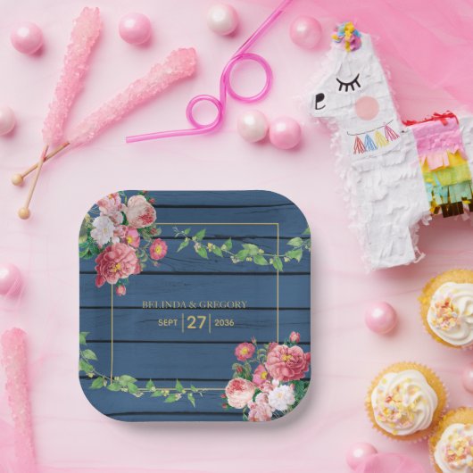 Marineblauwe Houten Roze Rozen & Gouden Huwelijk Papieren Bordje (Feest)