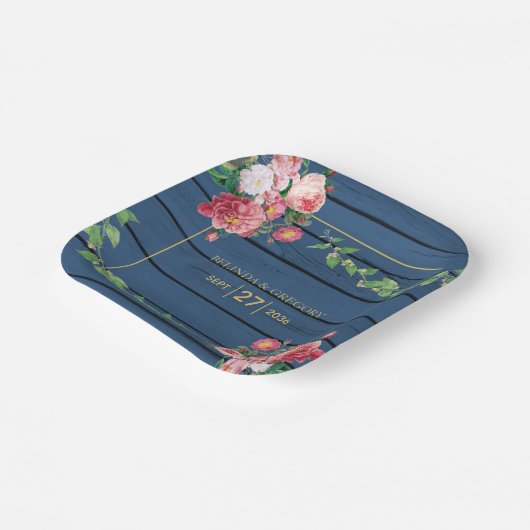 Marineblauwe Houten Roze Rozen & Gouden Huwelijk Papieren Bordje (Gebogen)