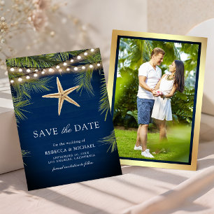 Marineblauwe Houten Tropische Palmblad Zeester Tro Save The Date