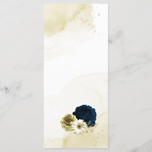 Marineblauwe ivoor gouden bloemen bruiloft menu (Achterkant)
