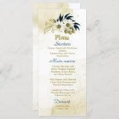 Marineblauwe ivoor gouden bloemen bruiloft menu (Voorkant / Achterkant)