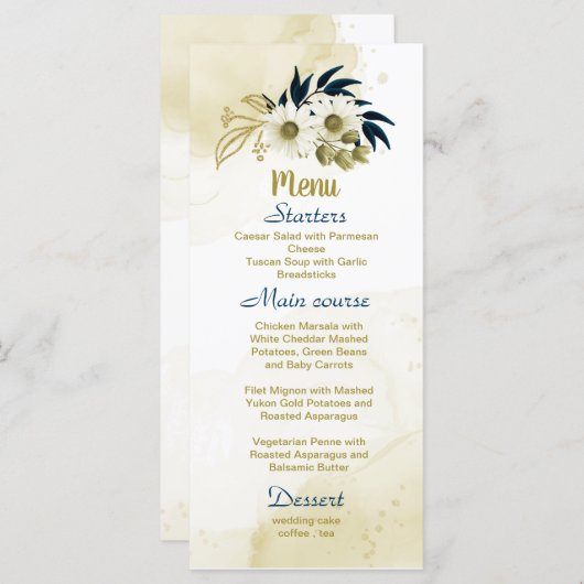 Marineblauwe ivoor gouden bloemen bruiloft menu (Voorkant / Achterkant)