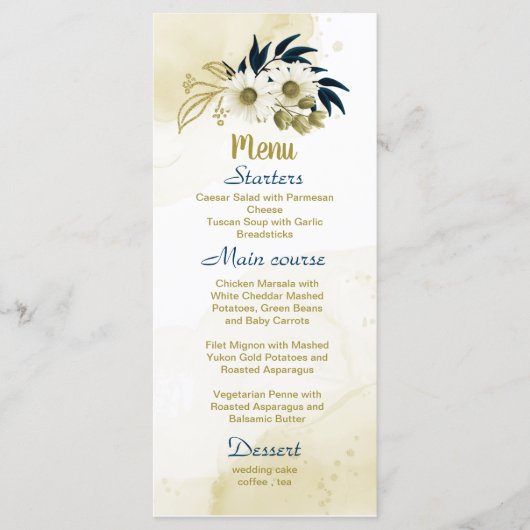 Marineblauwe ivoor gouden bloemen bruiloft menu (Voorkant)