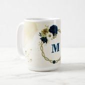 marineblauwe ivoor gouden bloemen monogram koffiemok (Voorkant links)