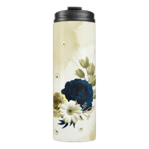 marineblauwe ivoor gouden bloemen thermokop thermosbeker