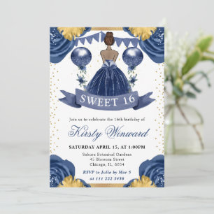 Marineblauwe jurk donkere huid prinses Sweet 16 Kaart