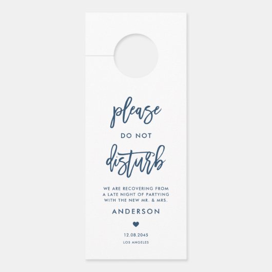 Marineblauwe kalligrafie verstoren bruiloft niet deurhanger (Voorkant)