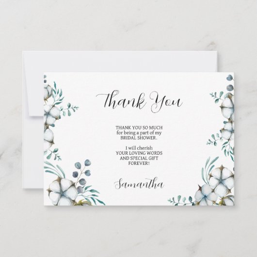 Marineblauwe katoenen bloemen eucalyptus Bruidsdou Bedankkaart (Voorkant)