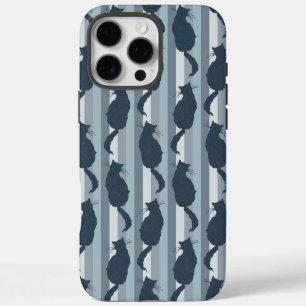 Marineblauwe Kattensilhouet Patroon met Strepen iPhone 16 Pro Max Hoesje
