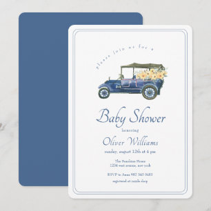 Marineblauwe Klassieke Auto Bloem Voertuig Baby Sh Kaart