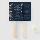 Marineblauwe kleine wilde bloem bruiloftsprogramma handwaaier (Voorkant en achterkant)