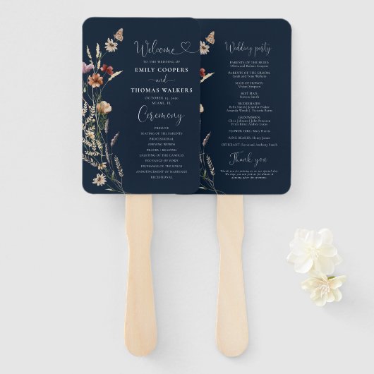 Marineblauwe kleine wilde bloem bruiloftsprogramma handwaaier (Voorkant en achterkant)