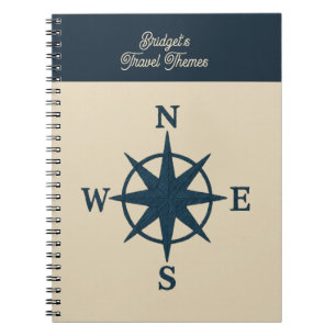 marineblauwe kompas & Beige naam Kustreis Notitieboek