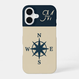 marineblauwe kompas met Monogram Beige Coastal iPhone 16 Hoesje