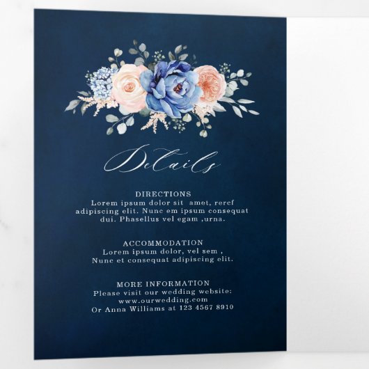 Marineblauwe Leisteen Stof Roze Roze Bloemige Trou Drieluik Aankondiging (Binnenzijde eerst)