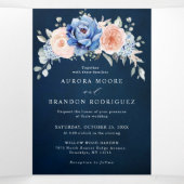 Marineblauwe Leisteen Stof Roze Roze Bloemige Trou Drieluik Aankondiging (Binnenkant midden)