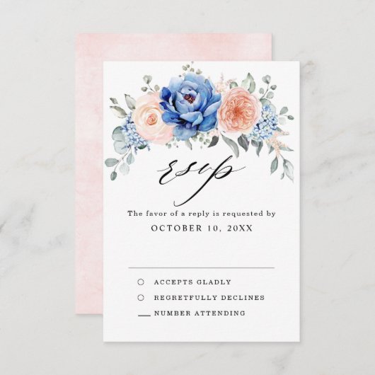 Marineblauwe Leisteen Stof Roze Roze Bloemige Trou RSVP Kaartje (Voorkant / Achterkant)
