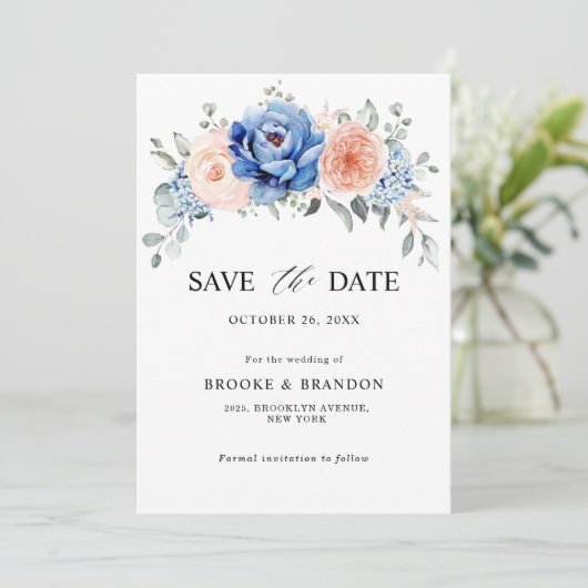 Marineblauwe Leisteen Stof Roze Roze Bloemige Trou Save The Date (Staand voorkant)