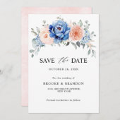 Marineblauwe Leisteen Stof Roze Roze Bloemige Trou Save The Date (Voorkant / Achterkant)