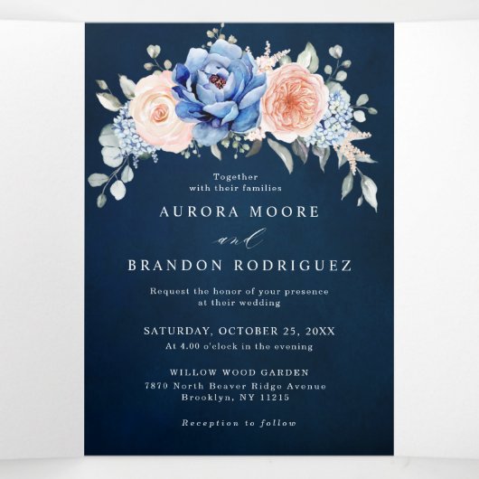 Marineblauwe Leisteen Stof Stof Roze Roze Bloemige Drieluik Aankondiging (Binnenkant midden)