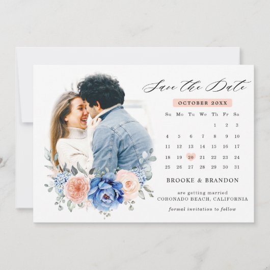 Marineblauwe Leisteen Stofachtige Blush Bloemachti Save The Date (Voorkant)