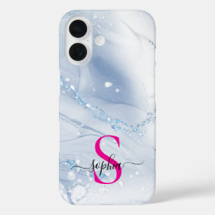 Marineblauwe marmer gouden glitters monogram iPhone 16 hoesje