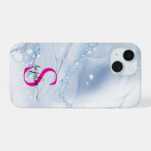 Marineblauwe marmer gouden glitters monogram iPhone 15 case (Achterkant horizontaal)