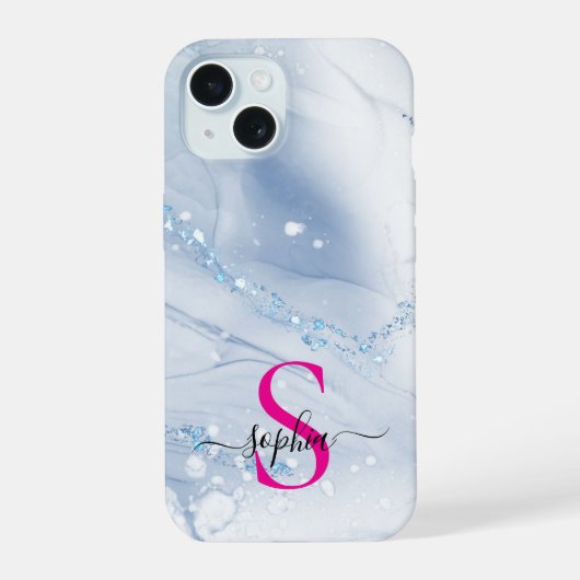 Marineblauwe marmer gouden glitters monogram iPhone 15 case (Achterkant)