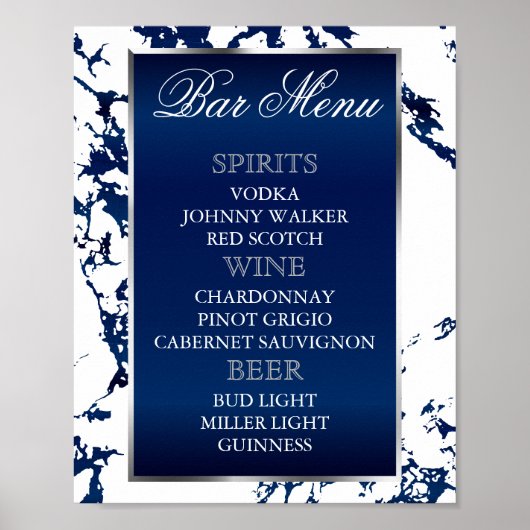 Marineblauwe marmer, zilver & wit - Barmenu Poster (Voorkant)