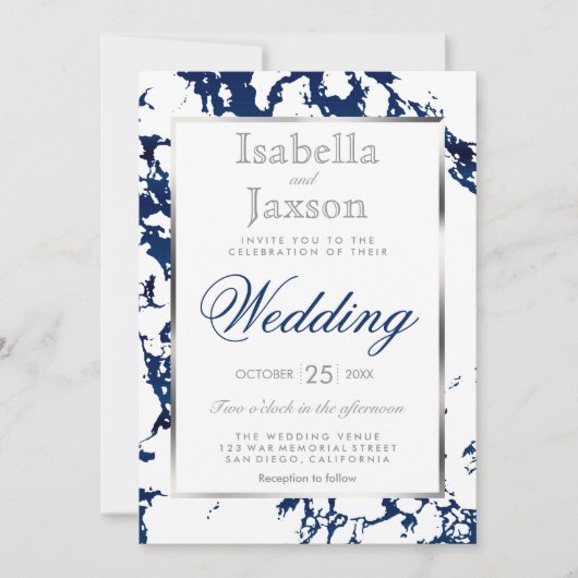 Marineblauwe marmeren, zilveren en witte uitnodigi kaart (Voorkant)